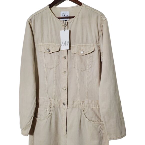 ZARA BEIGE LINEN COTTON BLEND STRAIGHT LEG LONG JUMPSUIT  WITH POCKETS Sz Large - Picture 2 of 10